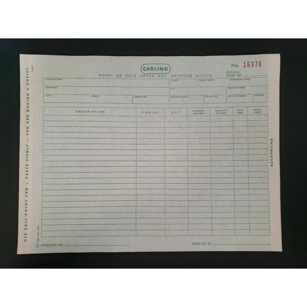 Carling Brewing Co Point of Sale Order & Shipping Notice 6 Pg‎ Carbon Copy Form